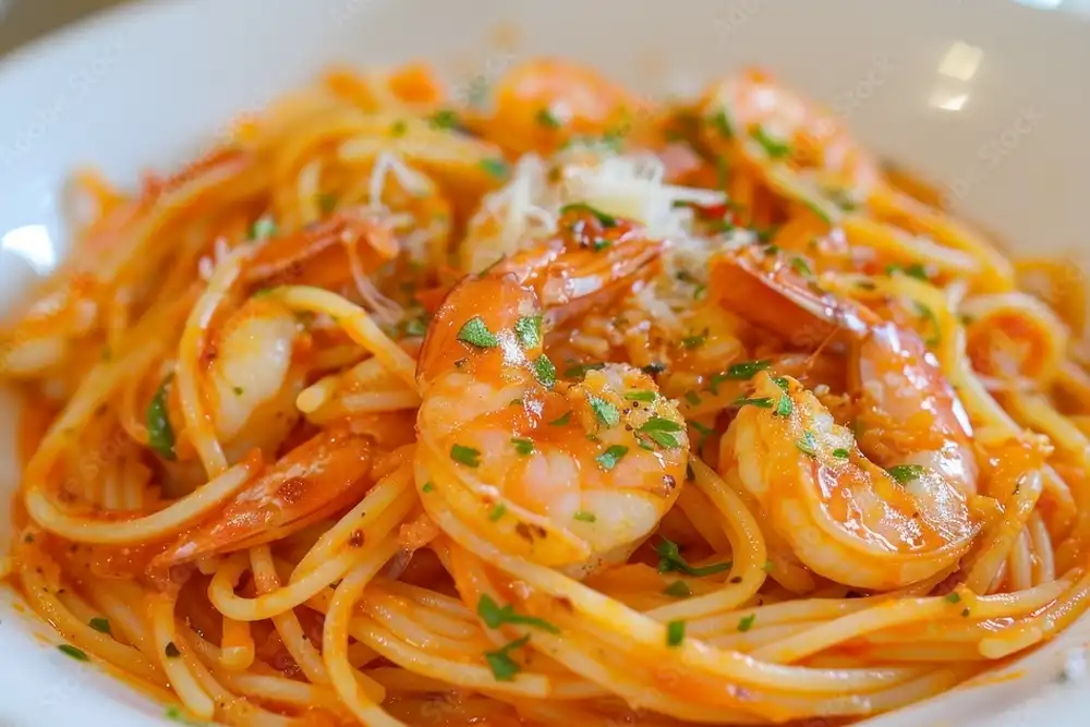 Teller mit Spaghetti und Gambas in Tomatensauce